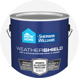 A gallon of H G T V Home by Sherwin-Williams Weathershield paint.