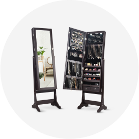 A dark brown full-length mirror that opens to jewelry storage.