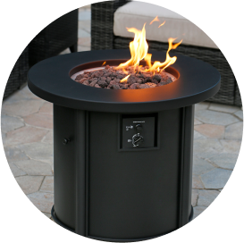 A small black round gas fire pit table.