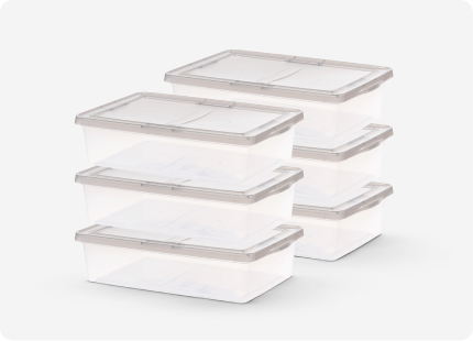 Two stacks of 3 clear storage totes with gray lids.