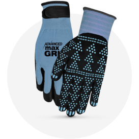 A pair of blue and black nitrile-dipped nylon gardening gloves.