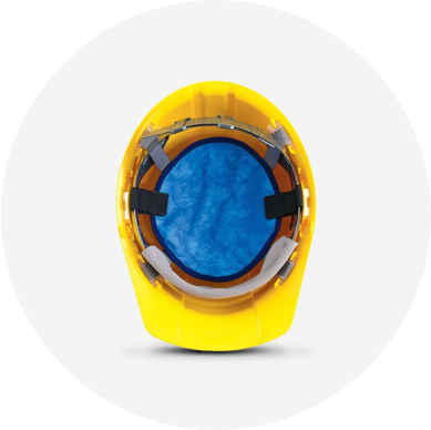 A blue cool liner for a yellow hard hat.