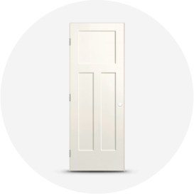A white three-panel, craftsman-style, prehung interior door with doorframe and hinges.