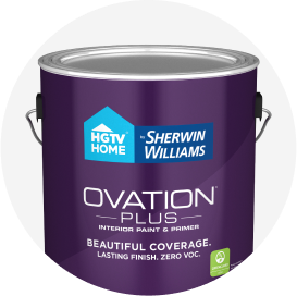 A gallon of H G T V Home by Sherwin-Williams Ovation Plus paint.