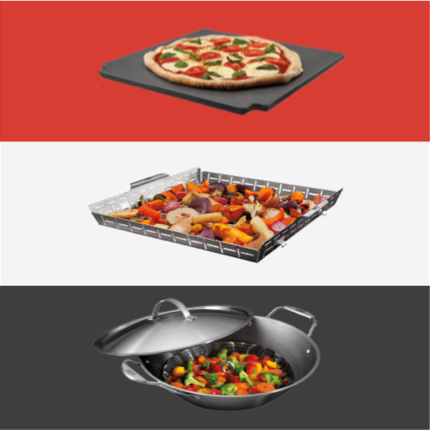 A pizza stone, vegetable basket and stir-fry wok grill accessories.