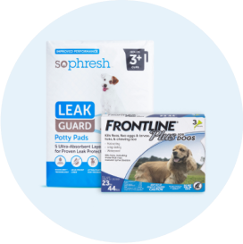 A box of Frontline Plus flea and tick prevention and a box of Leak Guard potty pads.
