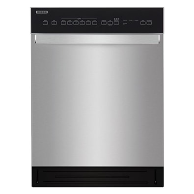 A Whirlpool dishwasher has front controls and a stainless steel finish.