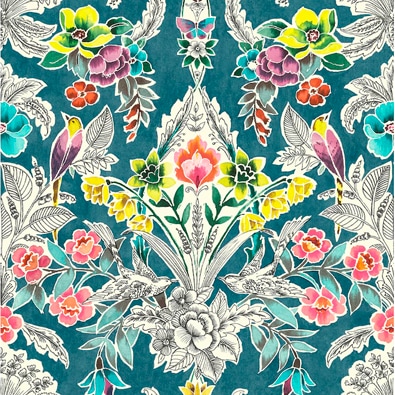 A piece of bright wallpaper with flowers and birds on it.