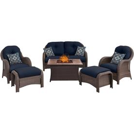 Newport Patio Furniture Sets At Lowes Hanover Newport 6 Piece Woven Seating Set In Navy Blue With Fire Pit Table