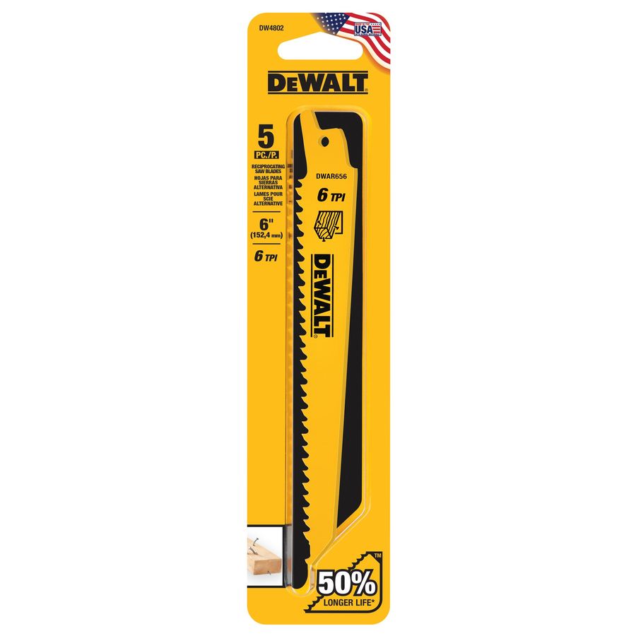 DEWALT 5Pack 6in 6TPI Wood Cutting Reciprocating Saw Blade at