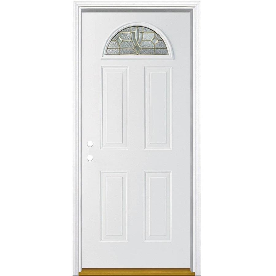 Masonite Laurel 1/4 Lite Decorative Glass Right-Hand Inswing Primed Steel Prehung Entry Door with Insulating Core (Common: 32-in x 80-in; Actual: 33.5-in x 81.625-in)