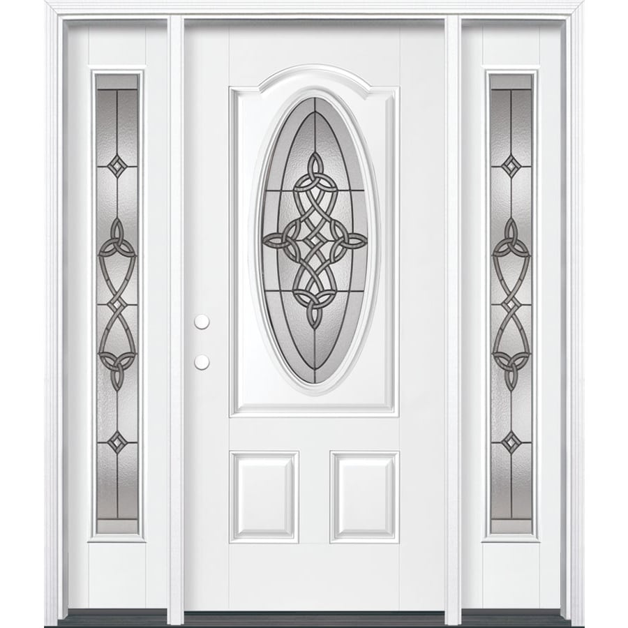 Masonite Dylan Oval Lite Decorative Glass Right-Hand Inswing Arctic White Painted Fiberglass Prehung Entry Door with Insulating Core (Common: 64-in x 80-in; Actual: 37.5-in x 81.625-in)