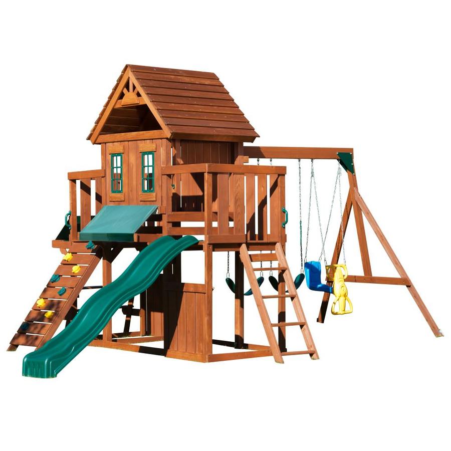 swing and slide wooden playset