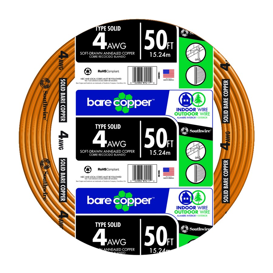 Southwire 50 ft. 4Gauge Solid SD Bare Copper in the Ground Wire (By