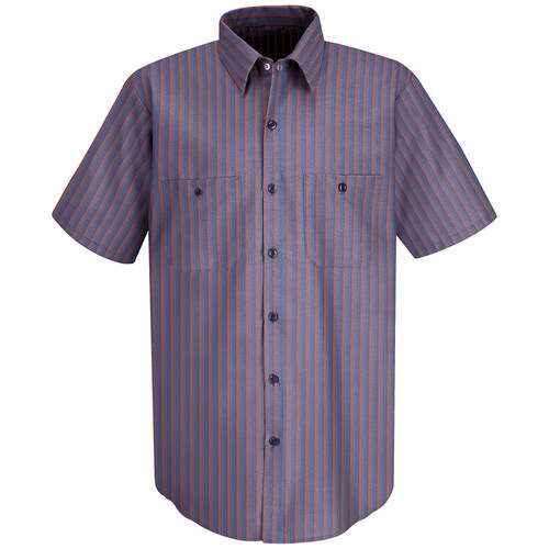 Red Kap Men's XXLLong Navy Striped Poplin Polyester Blend Short Sleeve Uniform Work Shirt at