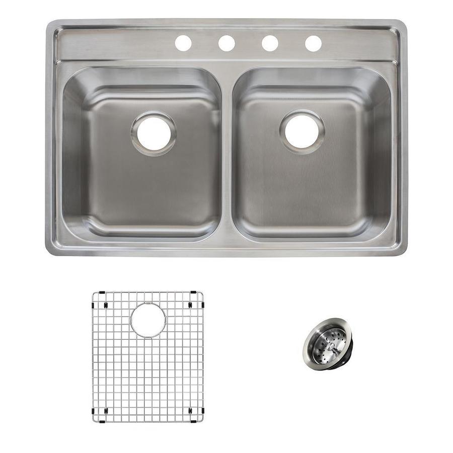 Evolution 33 In X 22 5 In Stainless Steel Double Basin Standard 8 In Or Larger Drop In Or Undermount 4 Hole Residential Kitchen Sink All In One Kit