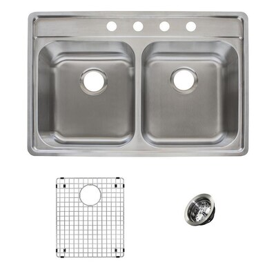 Evolution 33 In X 22 5 In Stainless Steel Double Basin Standard 8 In Or Larger Drop In Or Undermount 4 Hole Residential Kitchen Sink All In One Kit