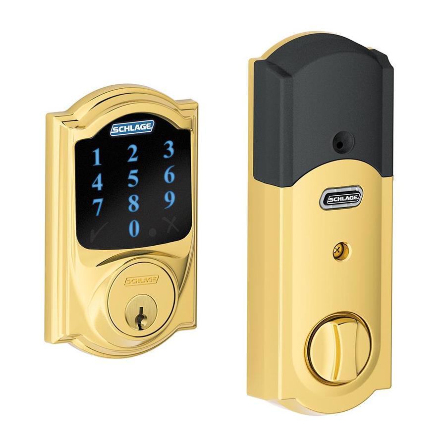 Schlage Connect Camelot Bright Brass Single-Cylinder Deadbolt 1-Cylinder Electronic Deadbolt Lighted Keypad Touchscreen Built-In Z-Wave