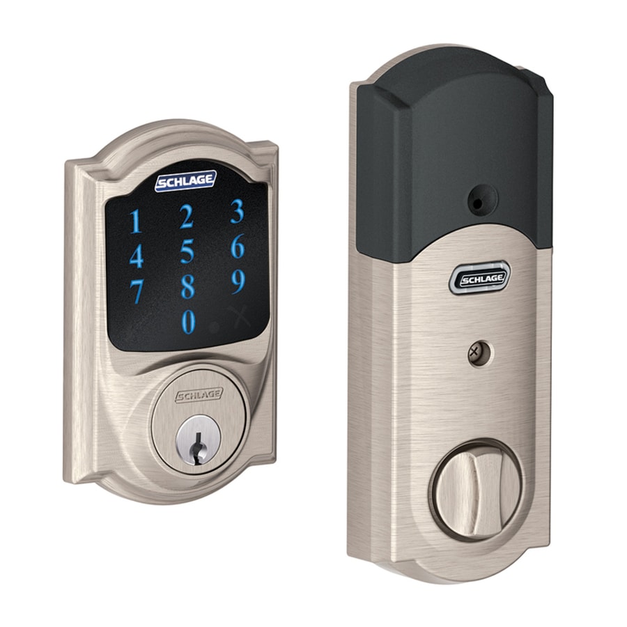 Schlage Connect Camelot Satin Nickel Single-Cylinder Motorized Electronic Entry Door Deadbolt with Touchscreen Keypad Featuring Z-Wave