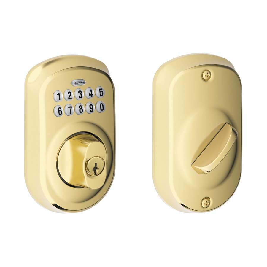 Schlage BE365 Ply Keypad Plymouth Bright Brass Single-Cylinder Deadbolt 1-Cylinder Electronic Deadbolt Lighted Keypad