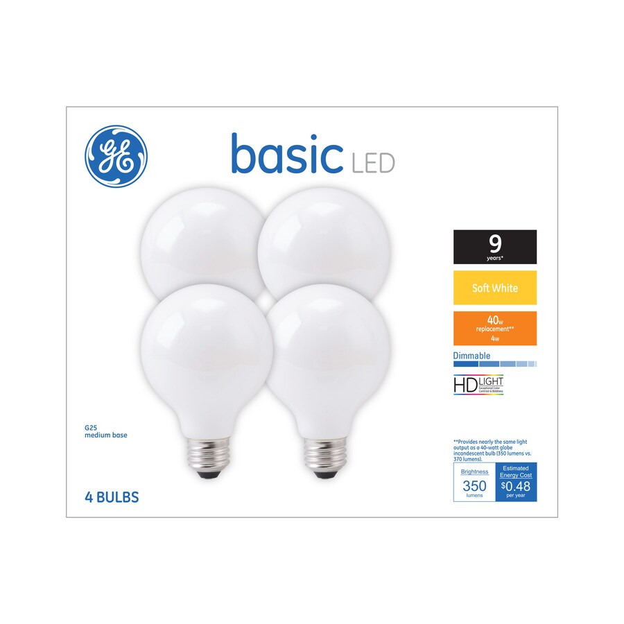 GE Basic 40-Watt EQ G25 Soft White Dimmable Globe Light Bulb (4-Pack ...