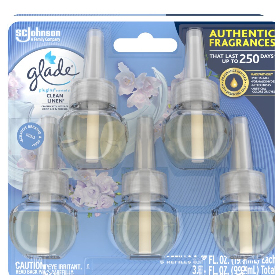 Glade PlugIns Scented Oil Refill Clean Linen, Essential Oil Infused Wall,  3.35 FL ounce, Pack of 5