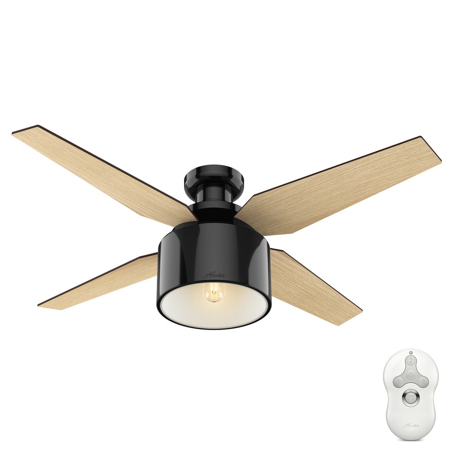 Hunter Cranbrook 52-in Gloss Black Indoor Flush Mount Ceiling Fan with Light Kit and Remote (4-Blade)