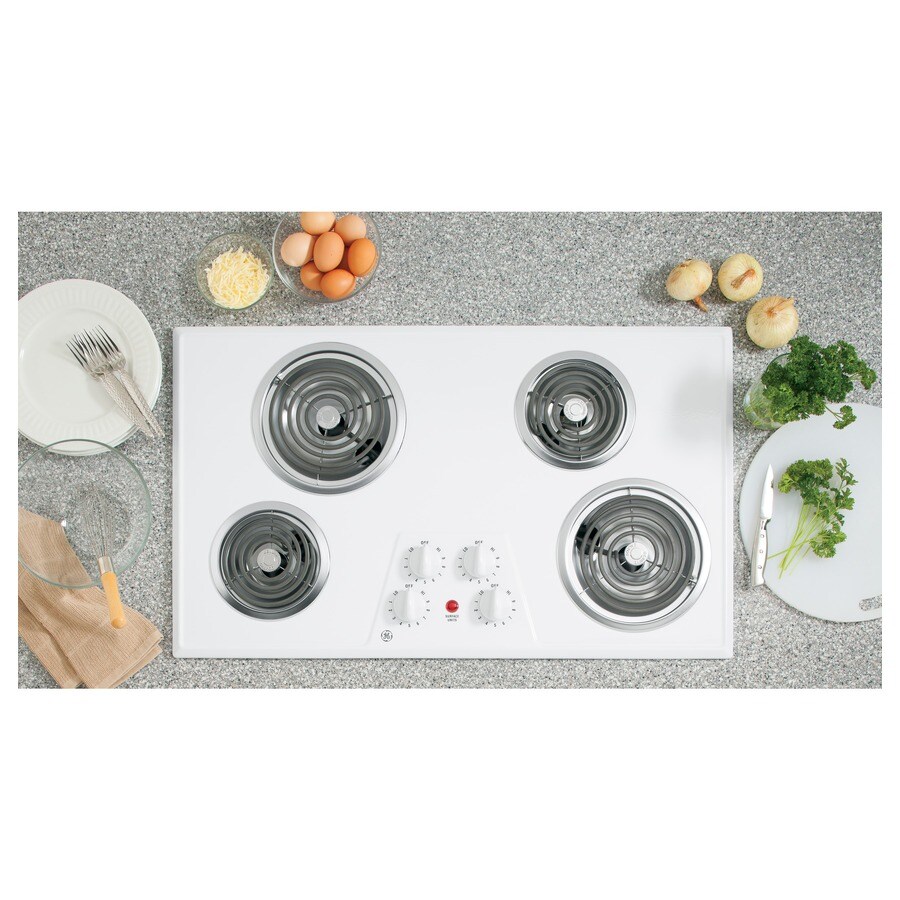 GE JP626WKWW 36 Inch Electric Cooktop with 4 Coil Elements, Removable Drip  Bowls, Upfront Controls and ADA Compliant: White