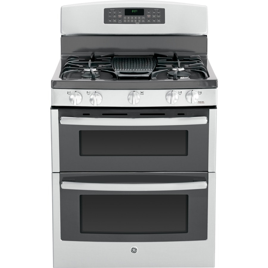 GE 30 Inch Slide-In Gas Range 5 Burner with Continuous Burner Grates Hi-Lo  Broil Option Self Cleaning Oven Delayed Start Stainless SKU 16243