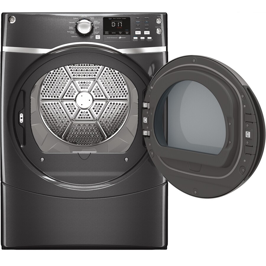 GE Reversible Side Swing Door Stackable Steam Cycle Gas Dryer (Diamond Gray) at