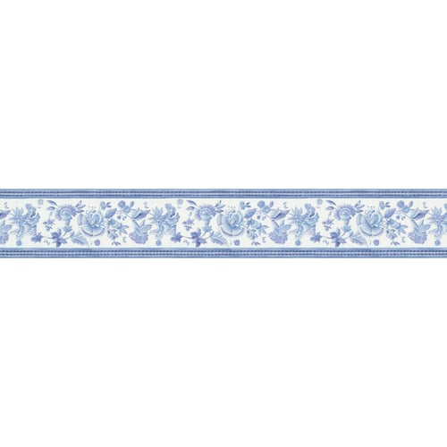 Brewster Wallcovering 3 38 Narrow Blue And White With Chintz Floral