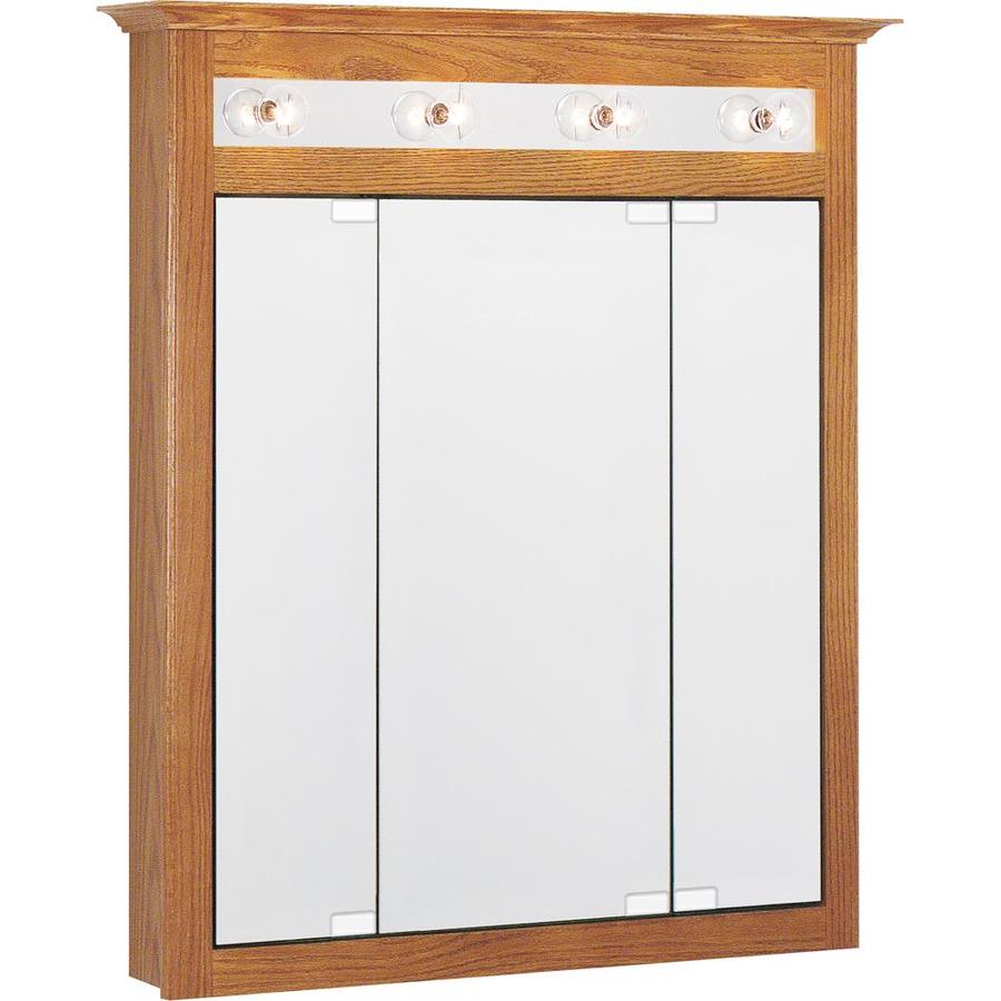 Project Source 31.75-in x 36-in Rectangle Surface Oak Mirrored Medicine Cabinet with/and Lights 