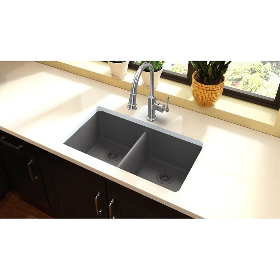 Elkay Quartz Classic 33-in x 18.5-in Greystone Double-Basin Undermount ...