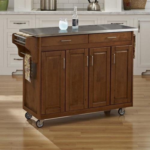Home Styles Brown Wood Base with Stainless Steel Metal Top Kitchen Cart