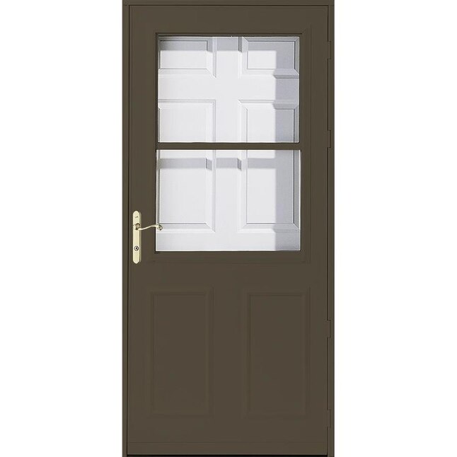 Pella Olympia 34-in x 81-in Brown High-view Retractable Screen Wood Core  Storm Door with Polished Brass Handle at
