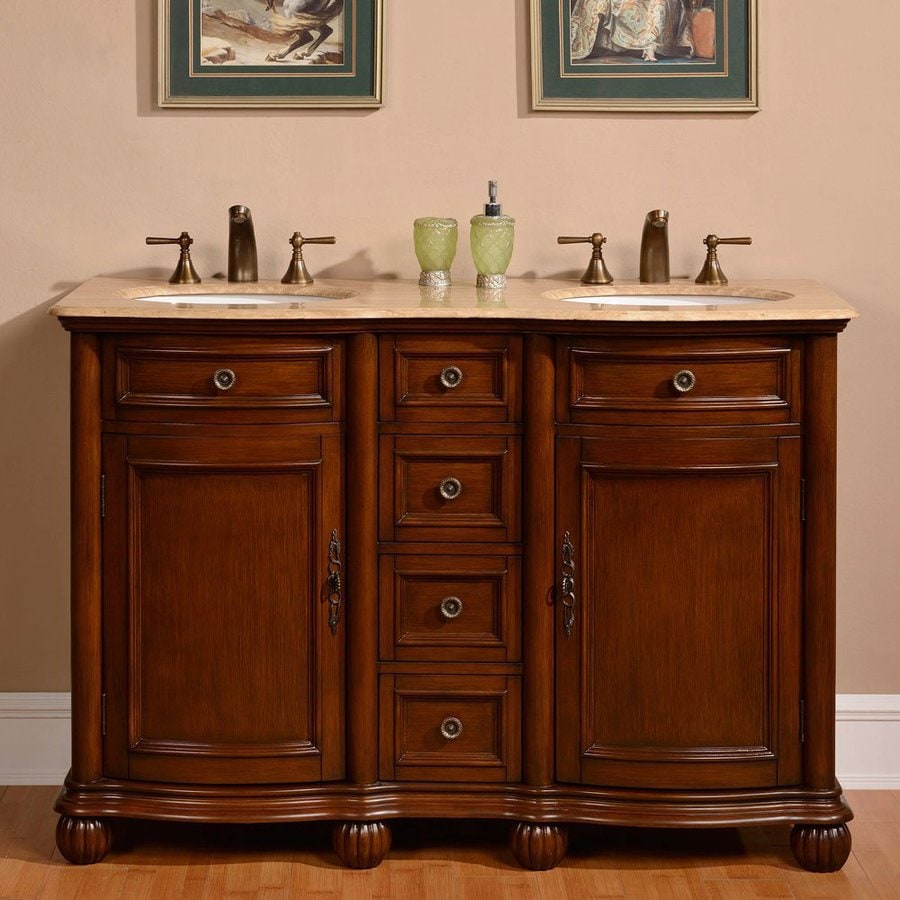 Silkroad Exclusive Floyd Medium Wood Tone 52 In Undermount Silkroad Exclusive Floyd Medium Wood Tone 52 In Undermount Double Sink Bathroom Vanity With Travertine