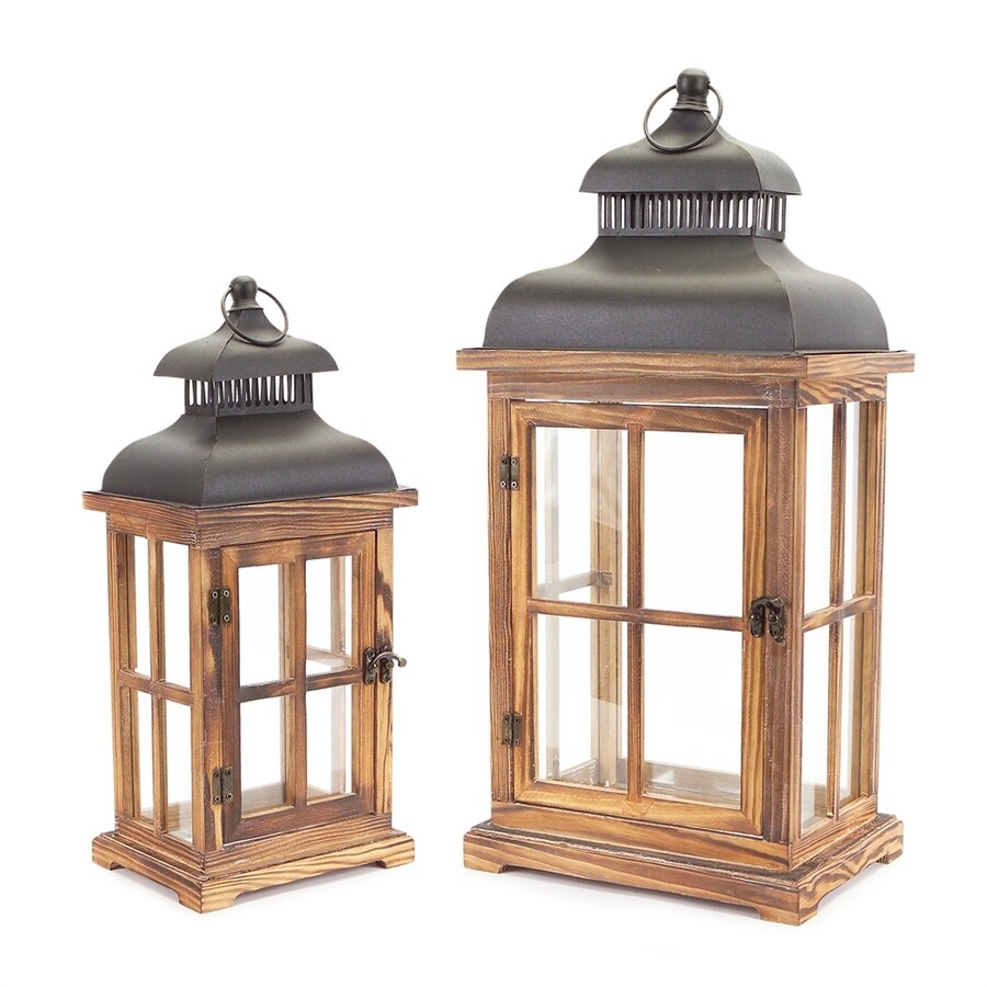 Melrose International 2 Candle Fall Harvest Natural/Black Wood Lantern Candle Holder at