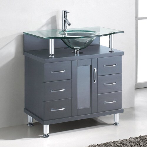 Virtu USA Grey Single Sink Vanity with Glass Top