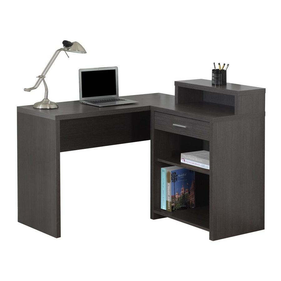 grey desk with leather pulls
