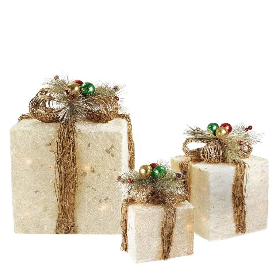 Northlight Set of 3 Lighted Cream and Gold Sisal Gift Boxes Christmas