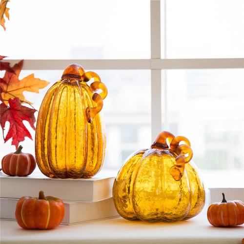 Glitzhome S/2 Amber Crackle Glass Pumpkin at
