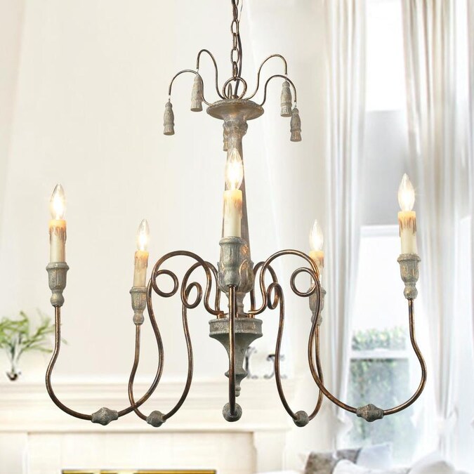 LNC Lupus 5-Light Distressed White French Country/Cottage Chandelier in ...