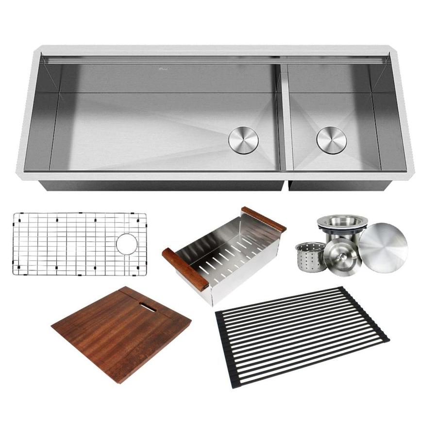 Kingsman Hardware Zero Radius 48-in x 19-in Stainless Steel Double Offset Bowl Tall Undermount 1-Hole Corner Install Residential Kitchen Sink All-in-One Kit