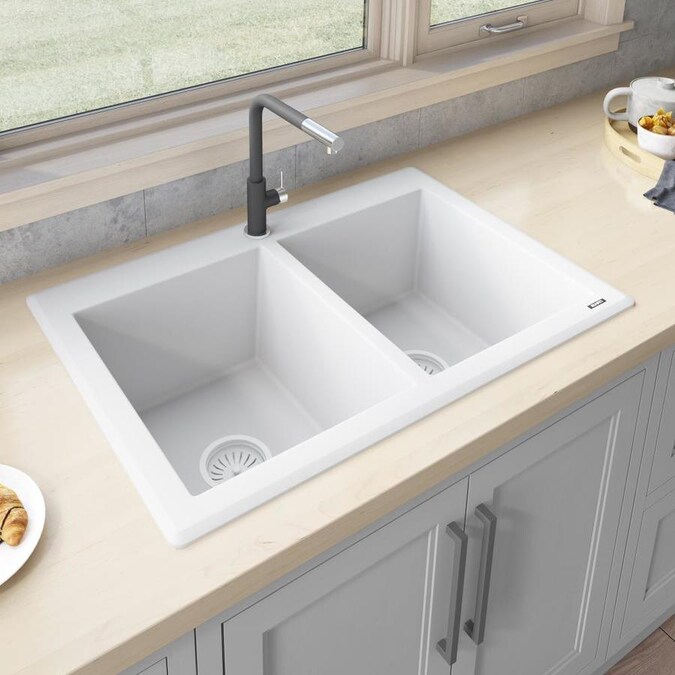 Ruvati Epigranite Dual Mount 33 In X 22 In Arctic White Double Equal Bowl 1 Hole Kitchen Sink In The Kitchen Sinks Department At Lowes Com