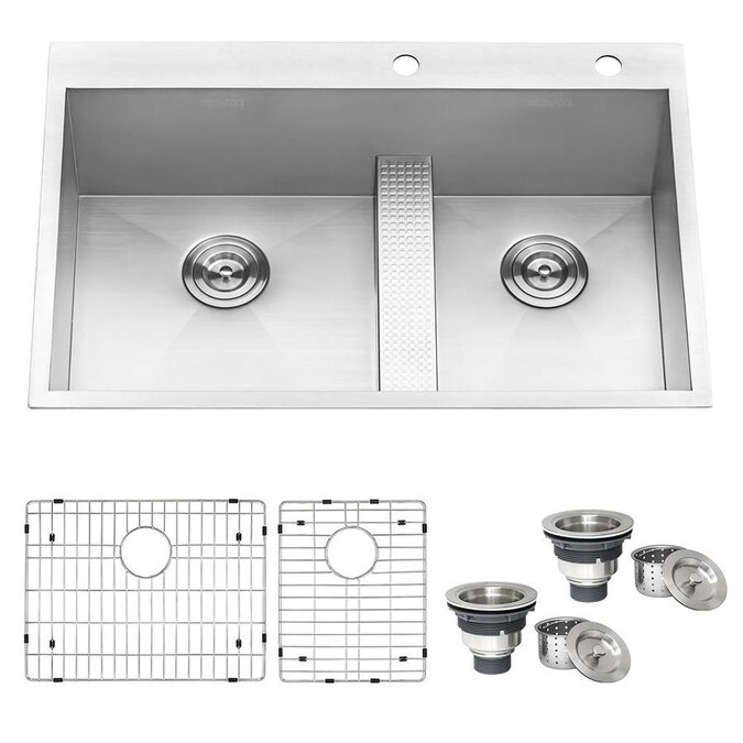 Ruvati Tirana Drop In 33 In X 22 In Brushed Stainless Steel Double Offset Bowl 2 Hole Kitchen Sink In The Kitchen Sinks Department At Lowes Com