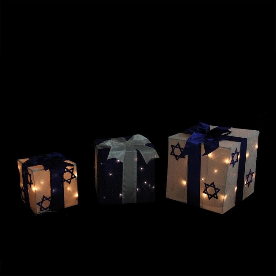 Northlight 3 Piece Lighted White And Blue Gift Box Hanukkah