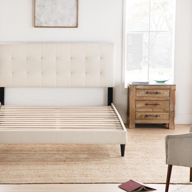 Full Upholstered Bed, Cara Upholstered Stone Queen Platform Bed Frame With Square Tufted Headboard