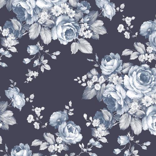 Norwall Flourish 55sq ft Blue, Navy Vinyl Floral Prepasted Soak and