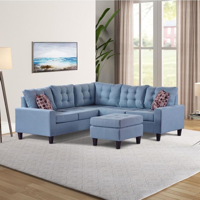 Clihome Symmetrical Sectional Sofa with Ottoman in Sky
