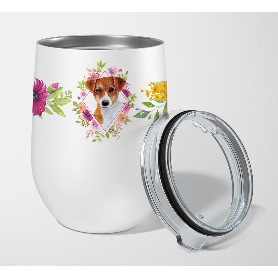 Caroline's Treasures Jack Russell Terrier #2 Pink Flowers Stainless Steel 12 Oz Stemless Wine Glass